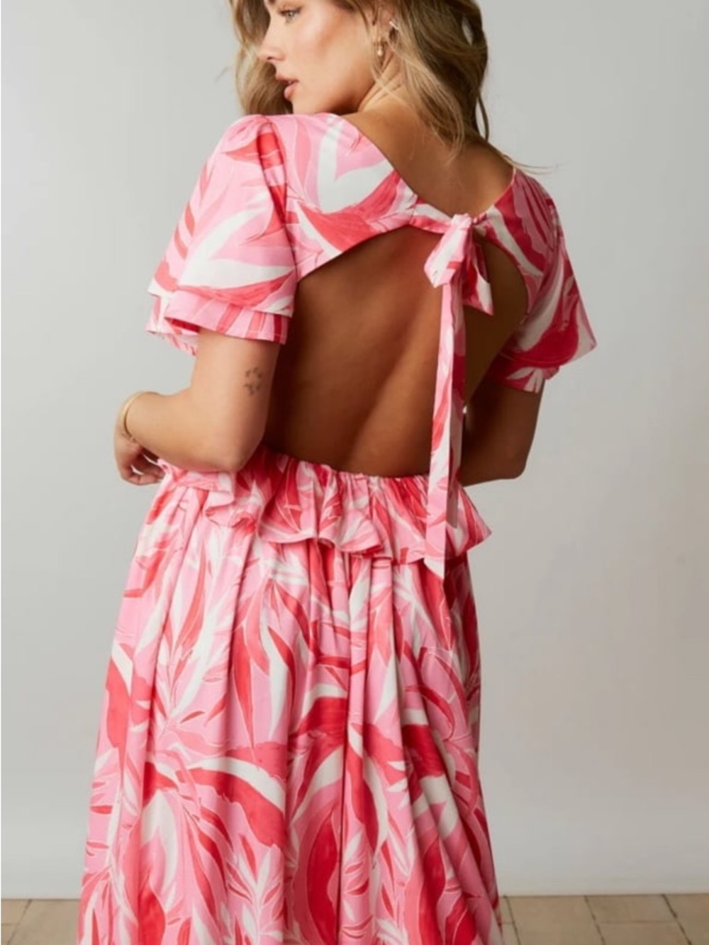 Pink Swirl V-Neck Ruffle Maxi Dress - Picture 3 of 4
